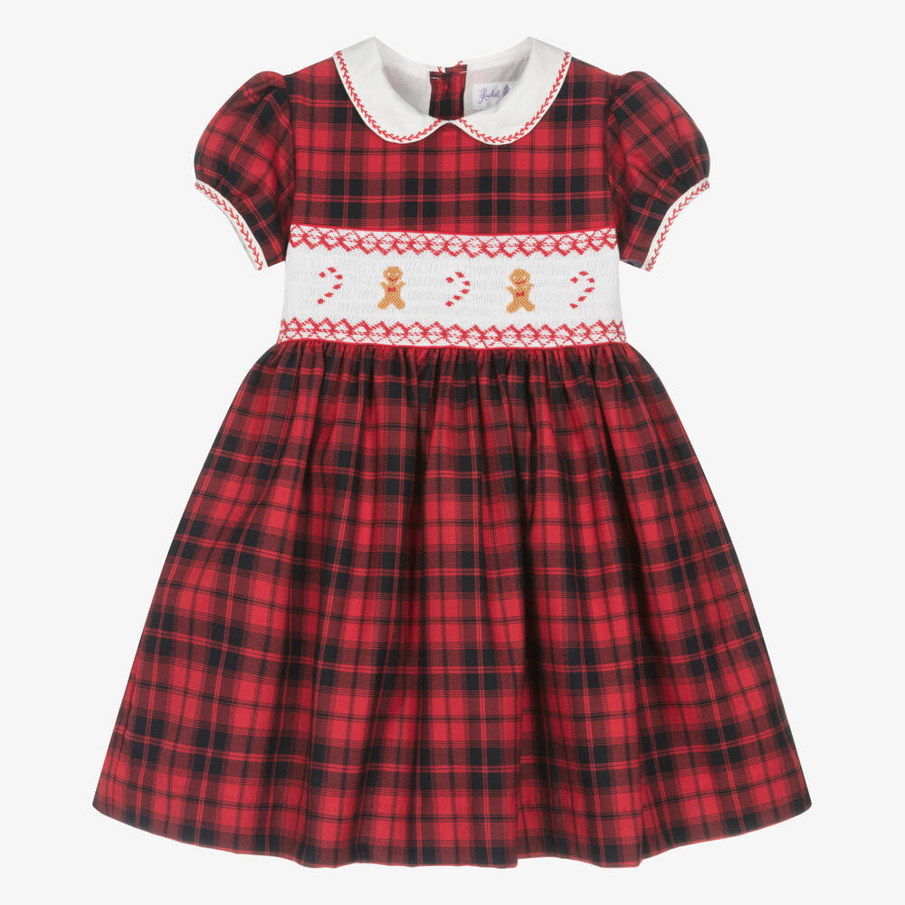 Rachel Riley - Girls Red Tartan Cotton Smocked Dress | Childrensalon
