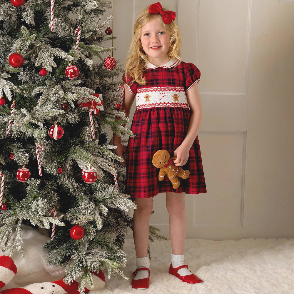Rachel Riley Girls Red Tartan Cotton Smocked Dress