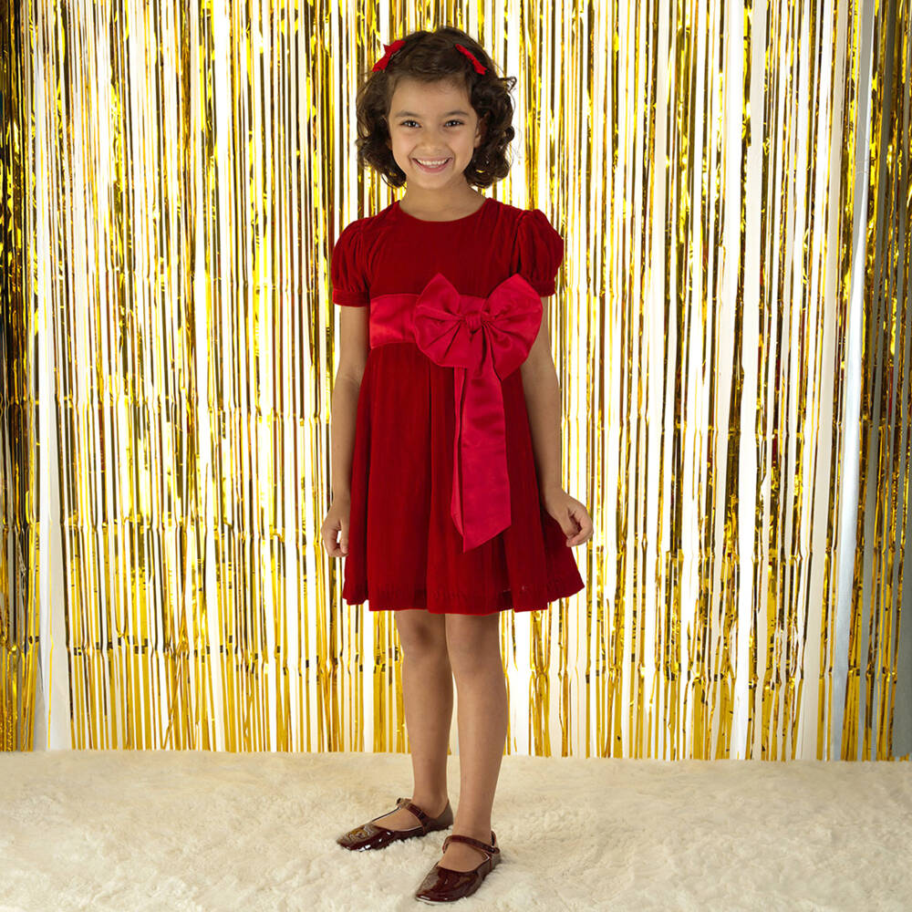 Rachel Riley-Girls Scarlet Velvet Dress with Bow | Childrensalon Outlet