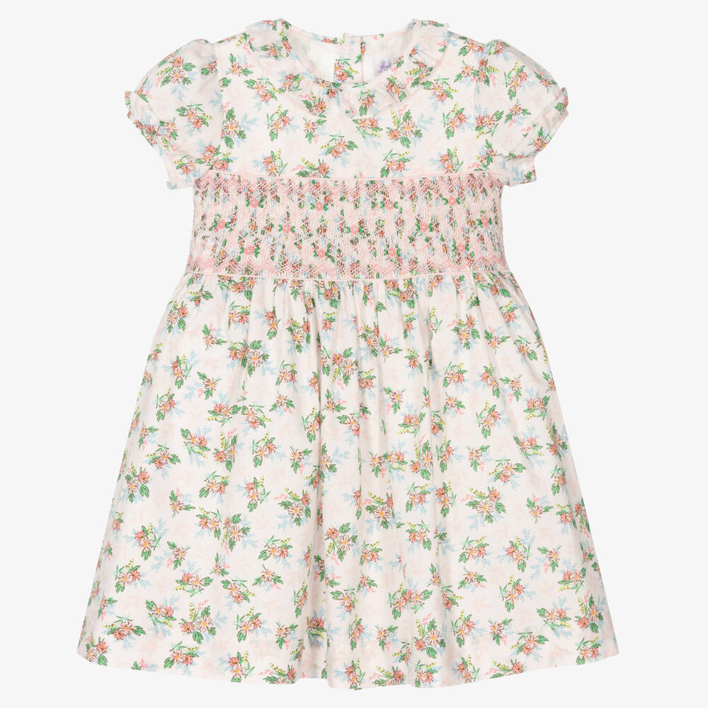 Rachel Riley - Girls White Floral Smocked Dress | Childrensalon