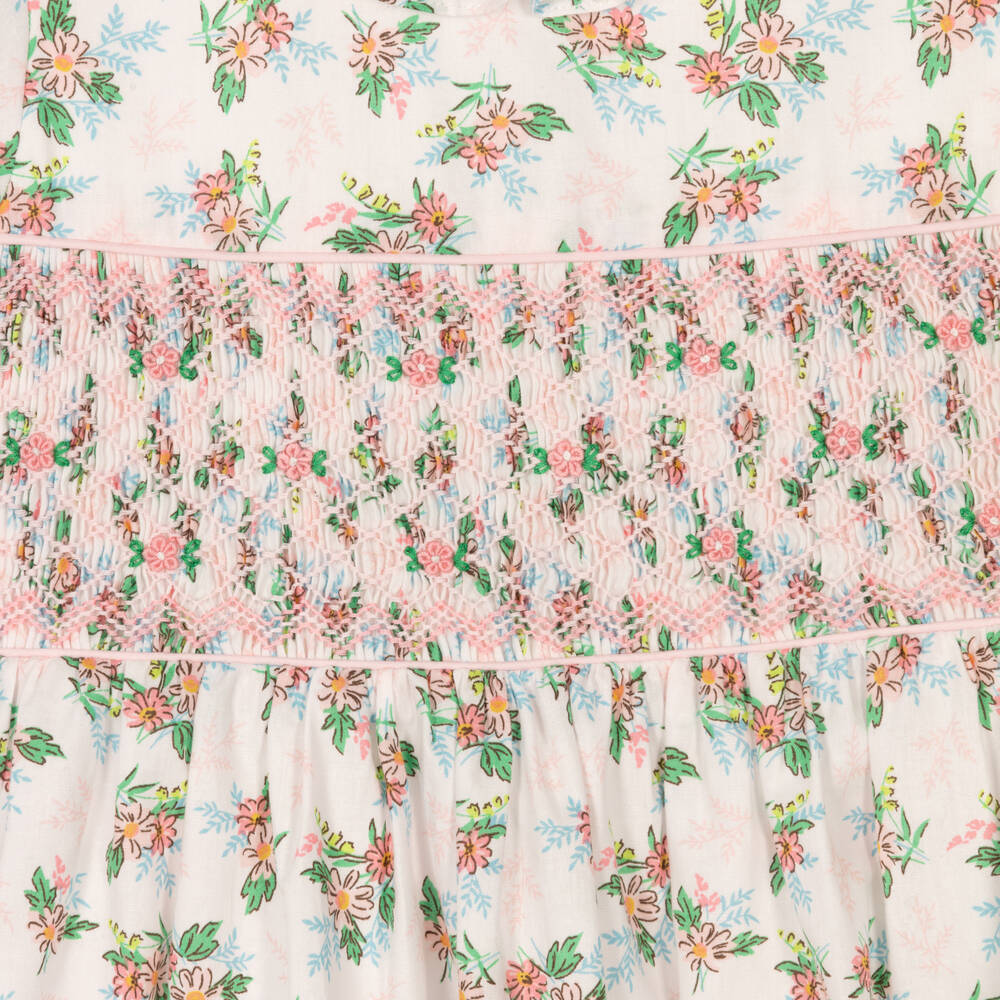 ريتشيل رايلي -فستان مطرز سموكينغ قطن لون أبيض بطبعة ورود | Childrensalon Outlet