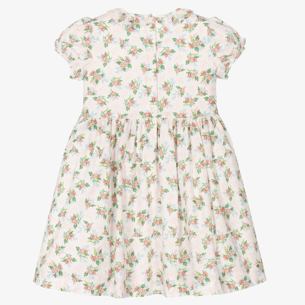 ريتشيل رايلي -فستان مطرز سموكينغ قطن لون أبيض بطبعة ورود | Childrensalon Outlet