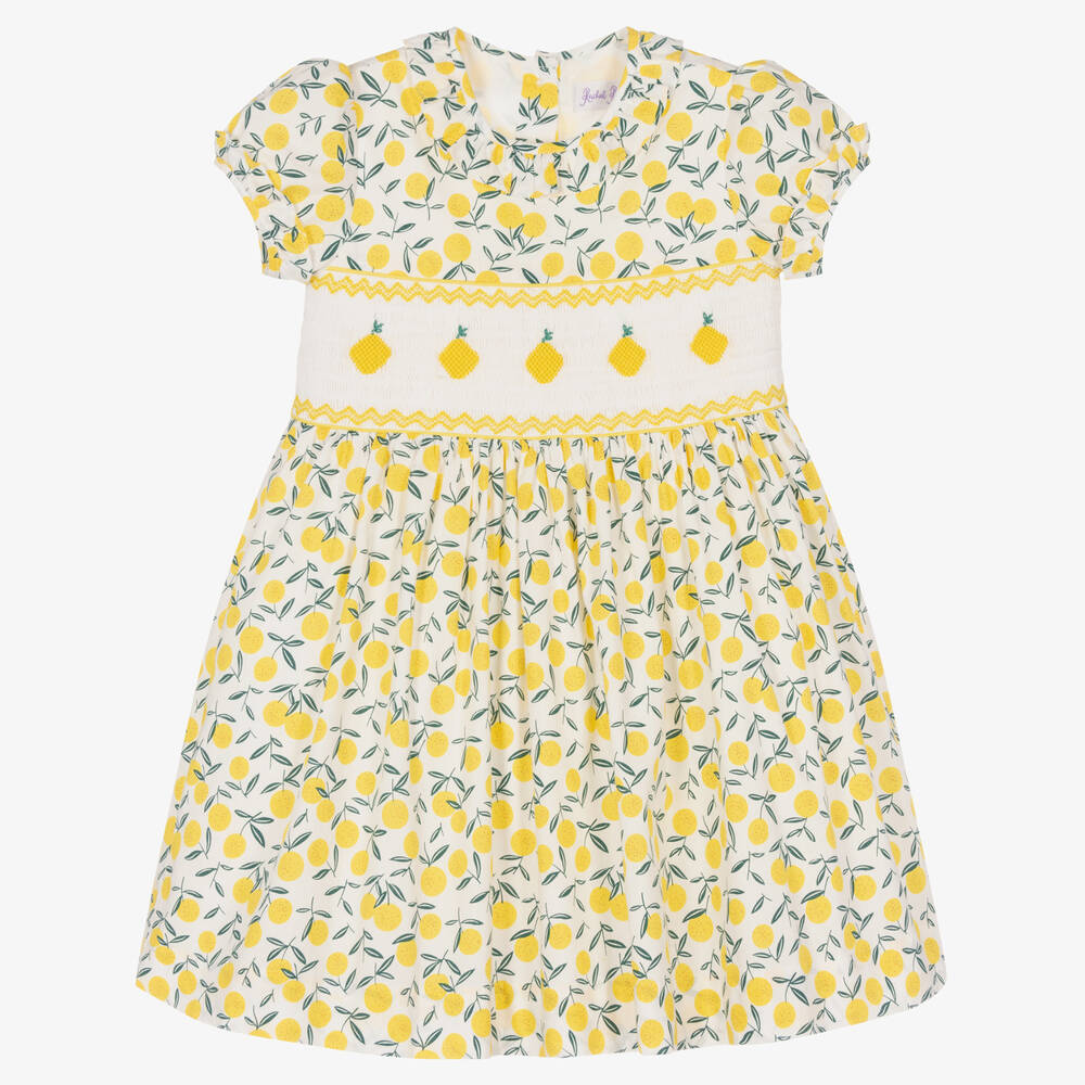Rachel Riley-Girls Yellow Lemon Print Smocked Dress | Childrensalon Outlet