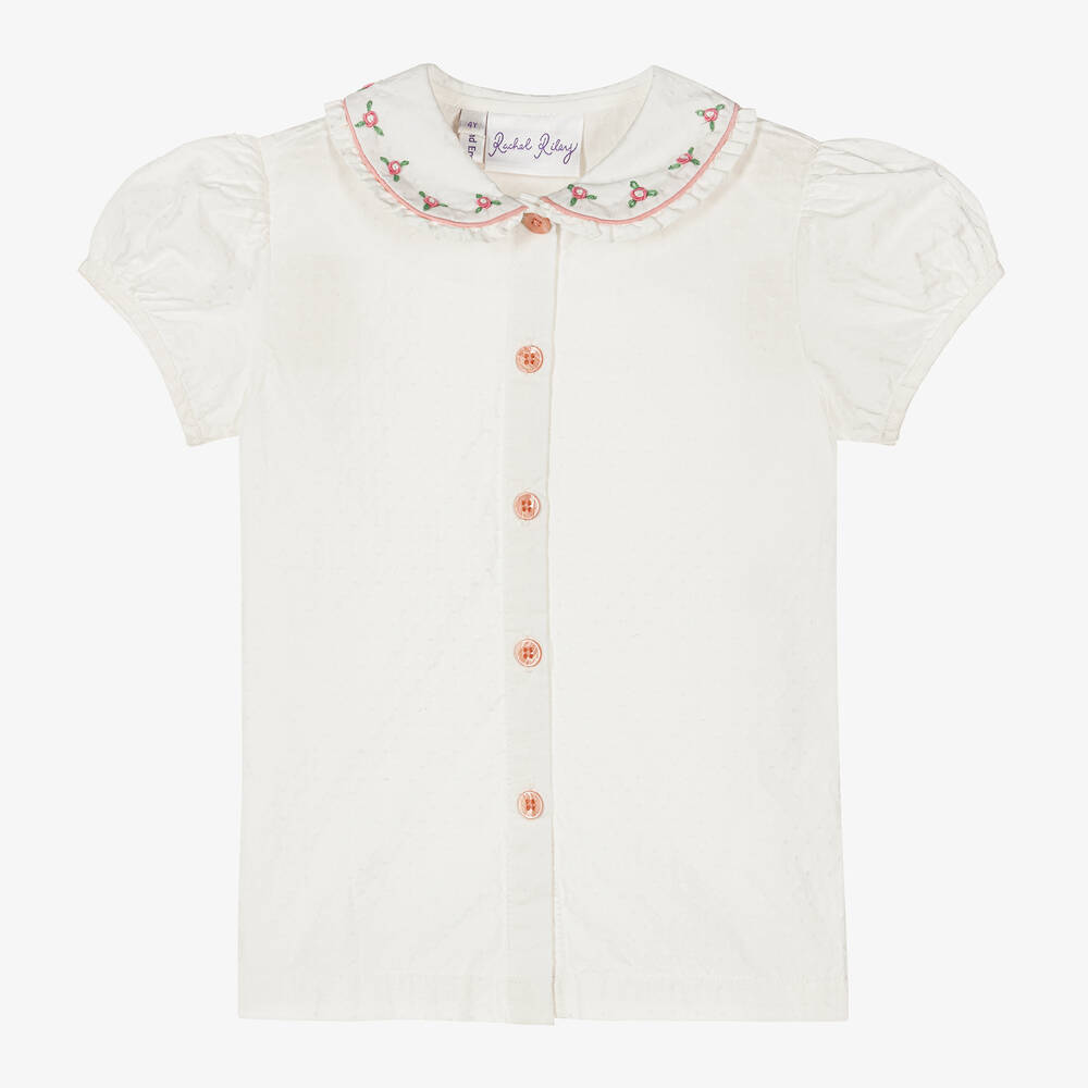 Rachel Riley - Girtls White Cotton Embroidered Blouse  | Childrensalon