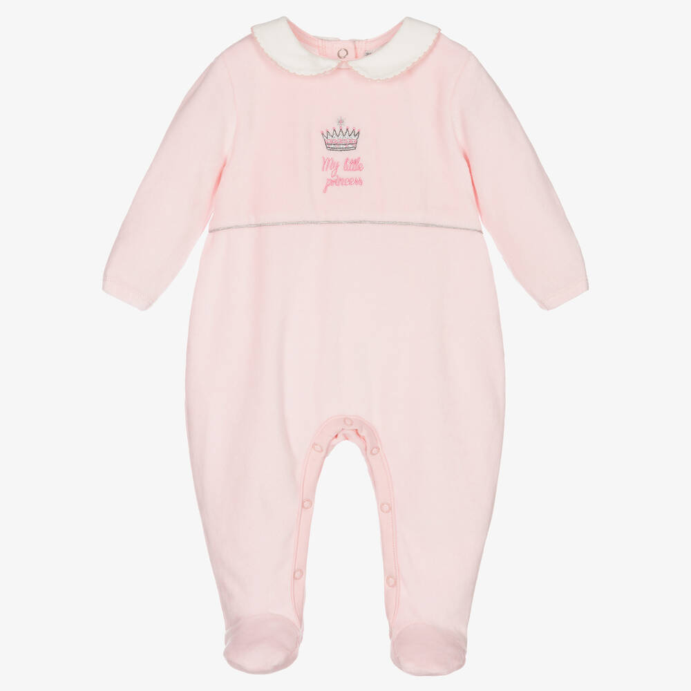 Rachel Riley - Pink Velour Babygrow | Childrensalon