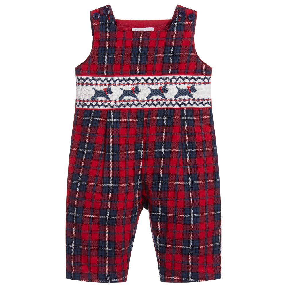 Rachel Riley - Red Tartan Baby Dungarees | Childrensalon