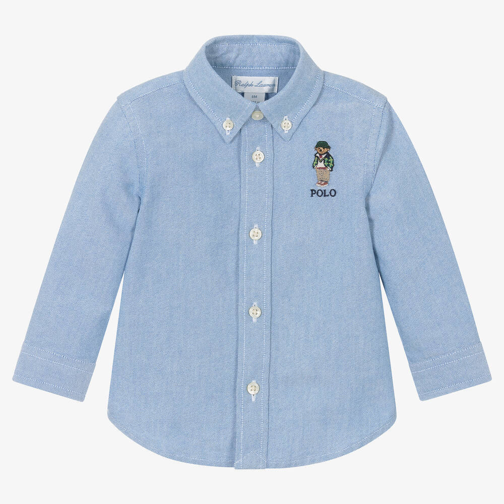 Ralph Lauren - Blaues Polo Bear Baby-Baumwollhemd | Childrensalon