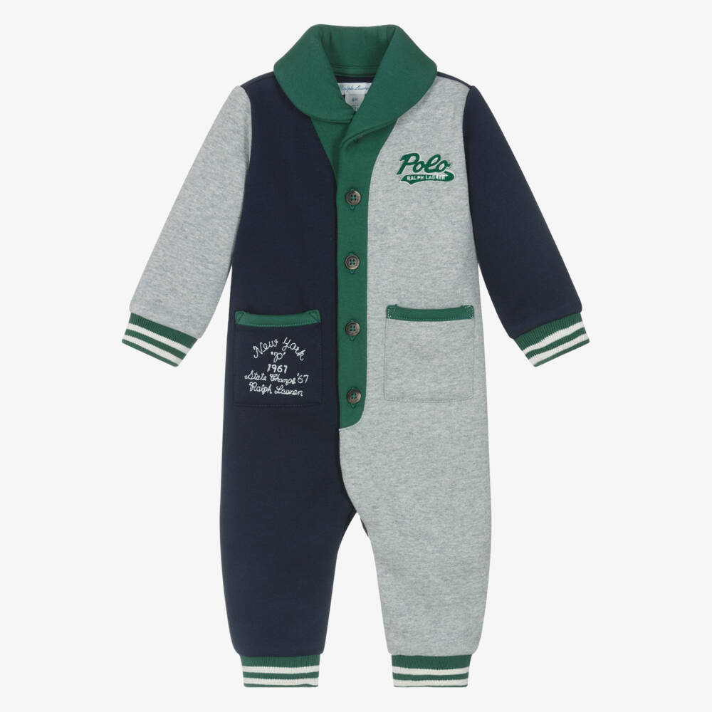Ralph Lauren-Baby Boys Blue & Grey Colourblock Cotton Jersey Babysuit | Childrensalon Outlet