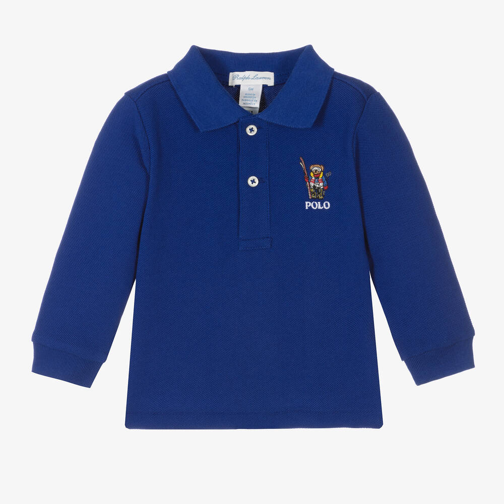 Ralph Lauren - توب بولو قطن بيكيه لون أزرق للمواليد | Childrensalon