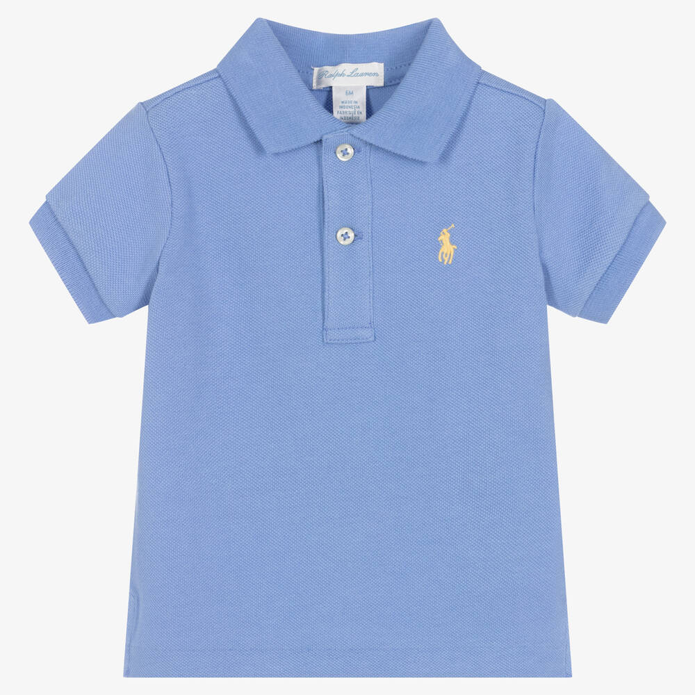 Ralph Lauren - توب بولو قطن بيكيه لون أزرق للمواليد  | Childrensalon