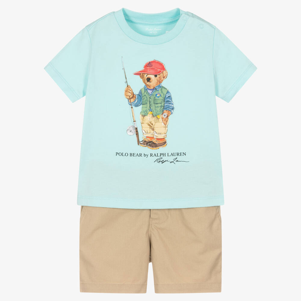 Ralph Lauren - Голубая футболка с медвежонком и шорты из хлопка | Childrensalon