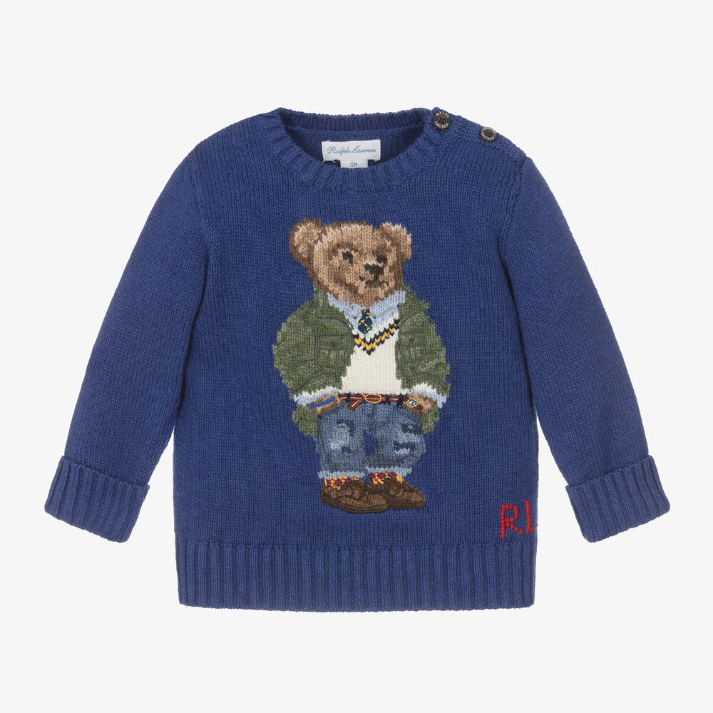 Baby Boys Blue Polo Bear Knit Jumper