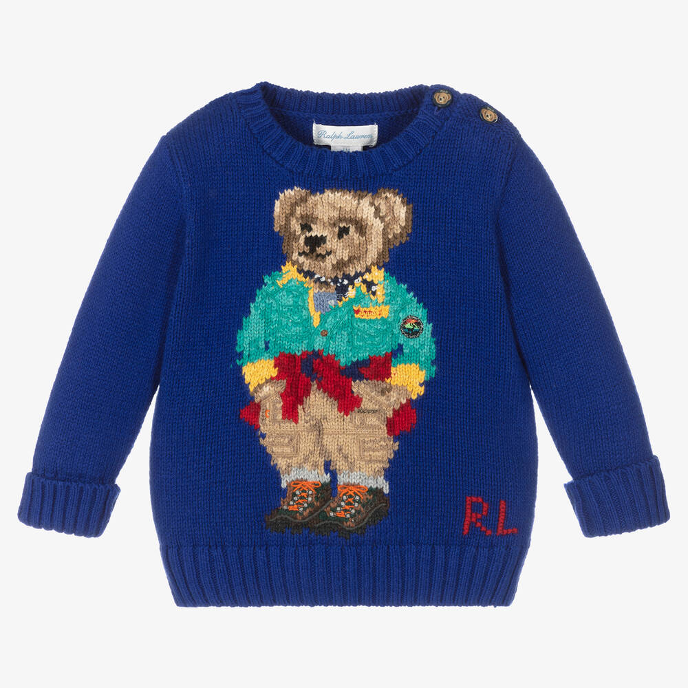 Ralph Lauren - Baby Boys Blue Polo Bear Knitted Sweater | Childrensalon