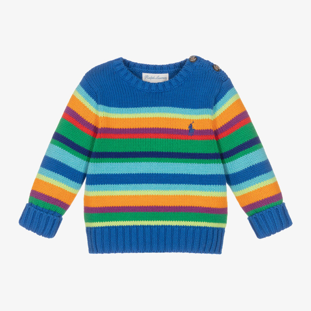 Ralph Lauren - Pull bleu rayé en maille bébé | Childrensalon