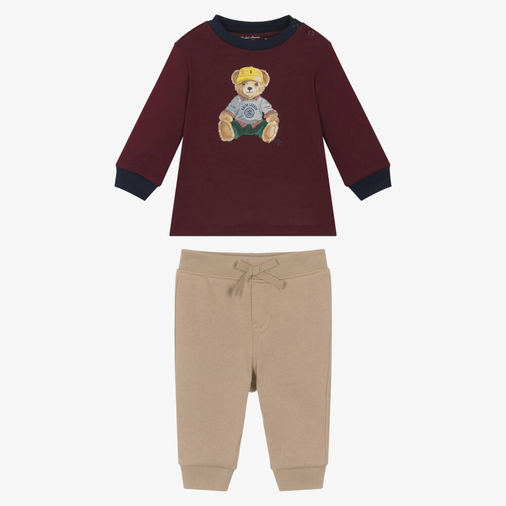 Ralph Lauren-Baby Boys Burgundy & Beige Cotton Jersey Trouser Set | Childrensalon Outlet
