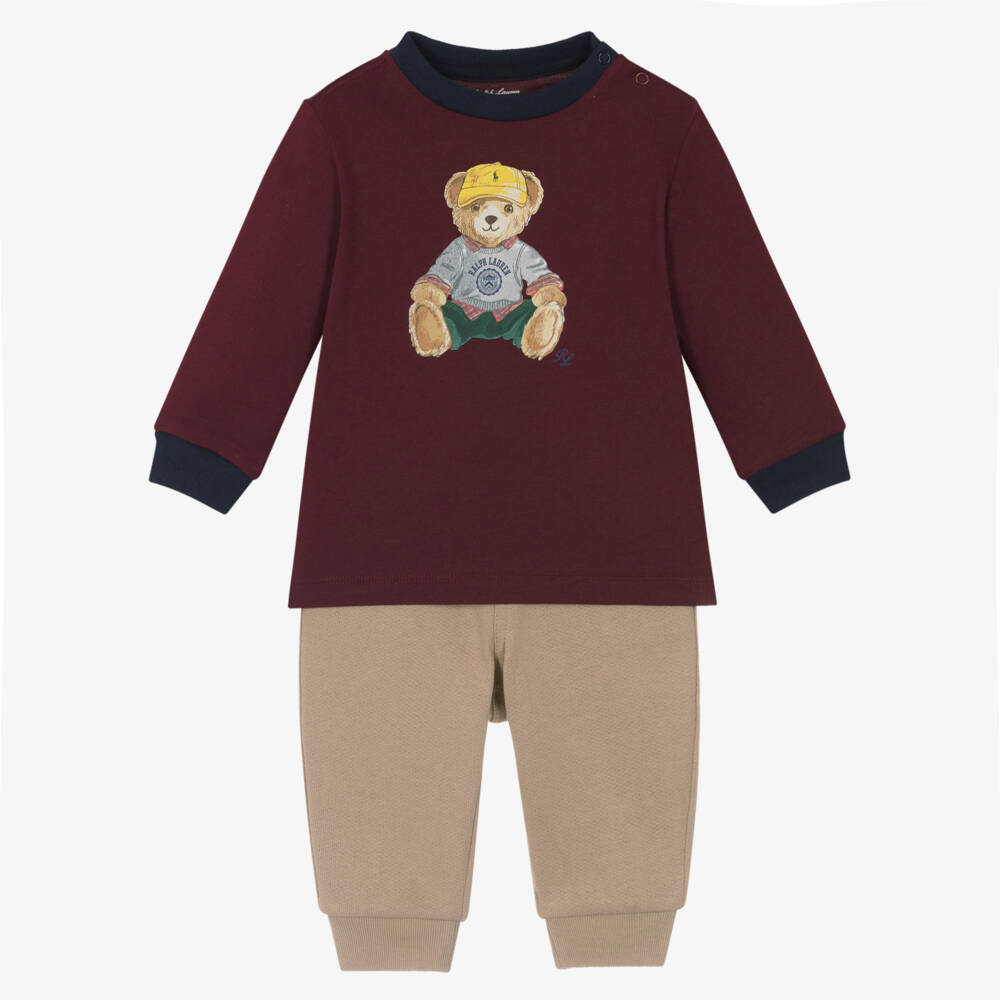 Ralph Lauren-Baby Boys Burgundy & Beige Cotton Jersey Trouser Set | Childrensalon Outlet
