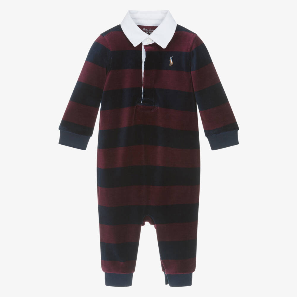 Ralph Lauren-Baby Boys Burgundy & Navy Blue Striped Velour Babygrow | Childrensalon Outlet