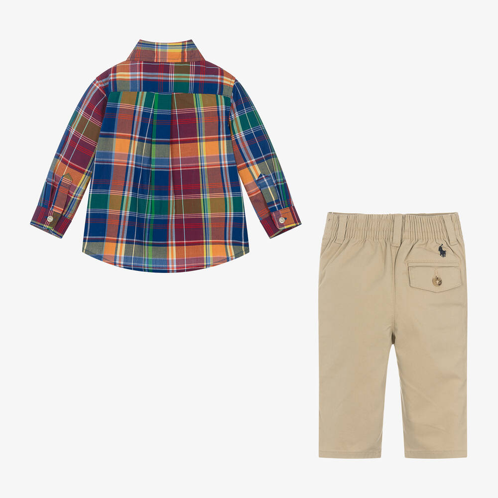 رالف لورين-طقم بنطلون وقميص قطن كاروهات لون بيج للمواليد | Childrensalon Outlet