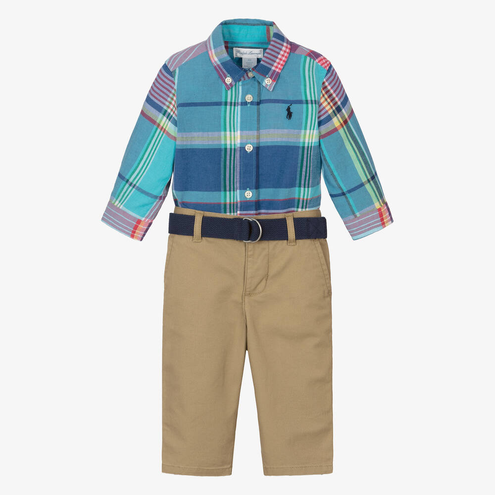 Ralph Lauren - طقم بنطلون وقميص قطن تويل لون بيج للمواليد | Childrensalon