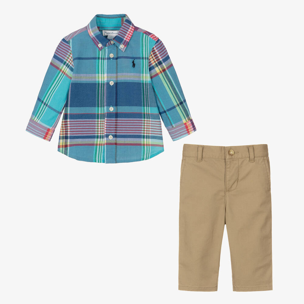 رالف لورين-طقم بنطلون وقميص قطن تويل لون بيج للمواليد | Childrensalon Outlet