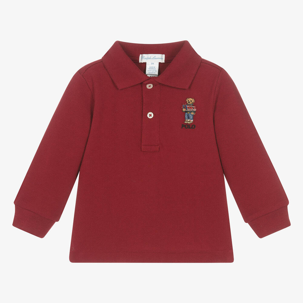 Ralph Lauren - توب بولو قطن بيكيه لون أحمر داكن للمواليد | Childrensalon