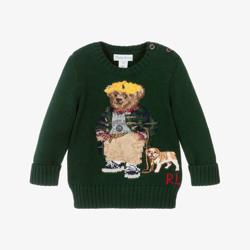 Ralph Lauren-Baby Boys Forest Green Knitted Sweater with Polo Bear Motif | Childrensalon Outlet