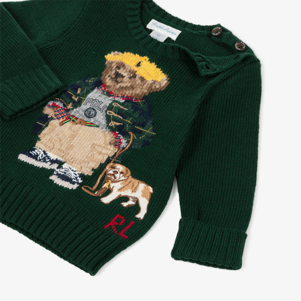 Ralph Lauren-Baby Boys Forest Green Knitted Sweater with Polo Bear Motif | Childrensalon Outlet