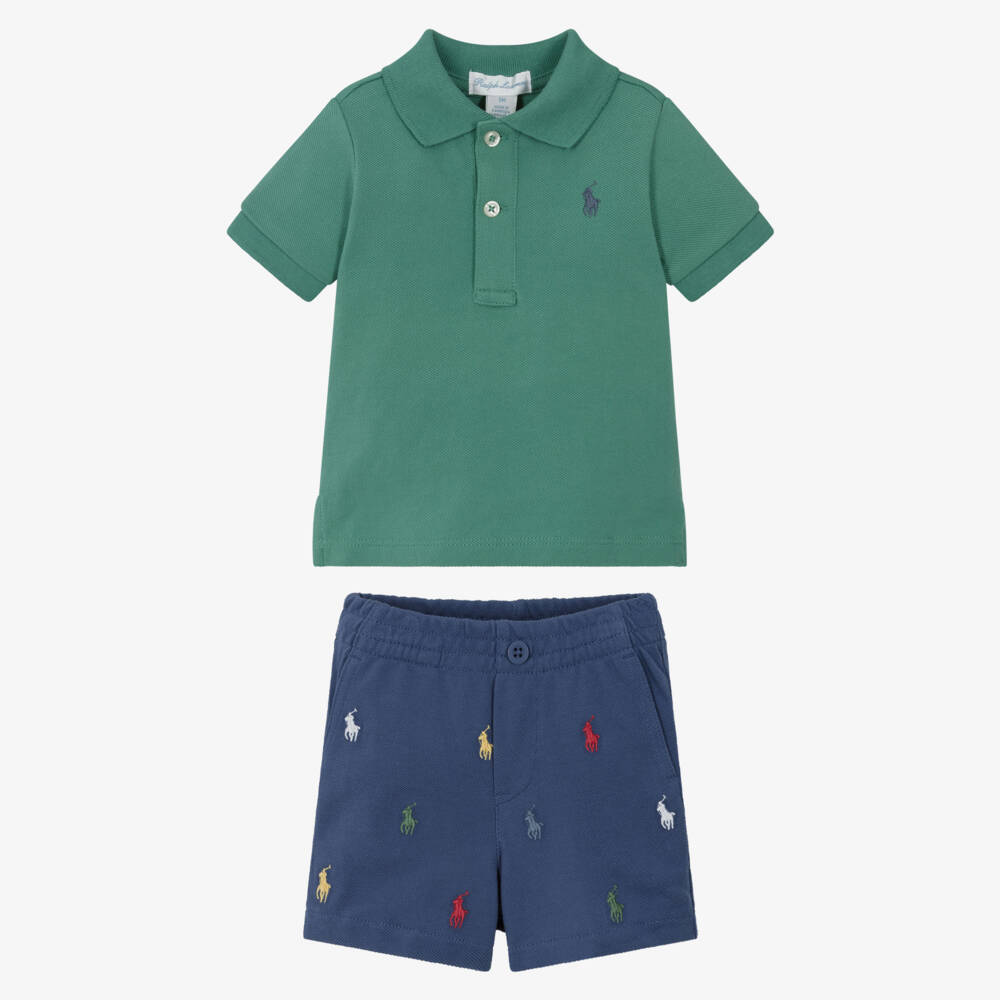 Ralph Lauren-Baby Boys Green & Blue Cotton Piqué Shorts Set | Childrensalon Outlet