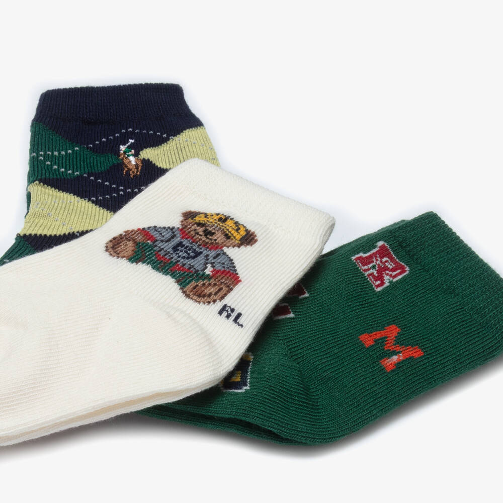 Ralph Lauren-Baby Boys Green & Blue Cotton Rich Polo Bear Socks (3 Pack) | Childrensalon Outlet