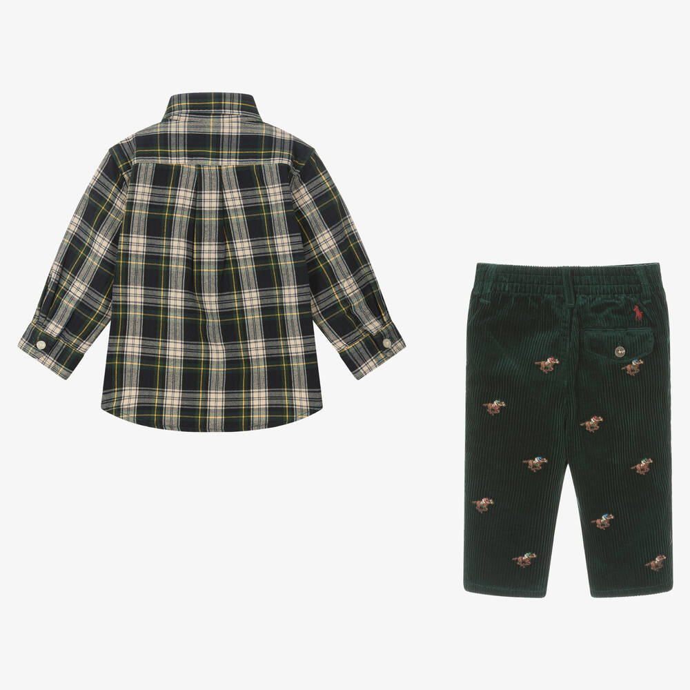 رالف لورين-طقم بنطلون قطن كاروهات لون أخضر للمواليد | Childrensalon Outlet