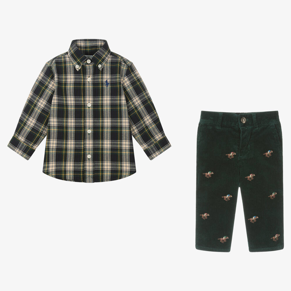 رالف لورين-طقم بنطلون قطن كاروهات لون أخضر للمواليد | Childrensalon Outlet