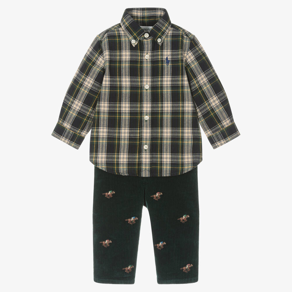 Ralph Lauren - Baby Boys Green Check Trousers Set | Childrensalon