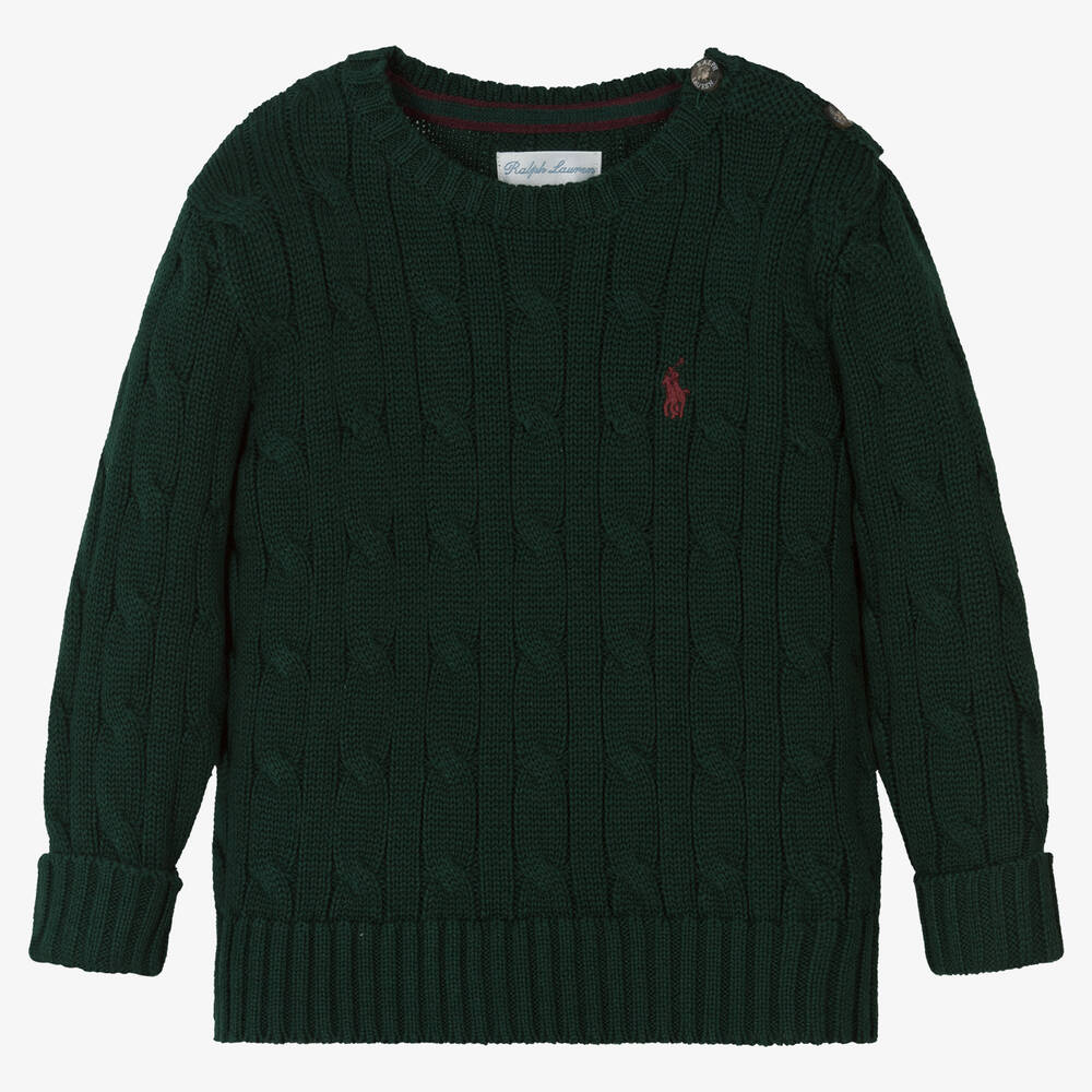 Ralph Lauren - Baby Boys Green Cotton Cable Knit Sweater | Childrensalon