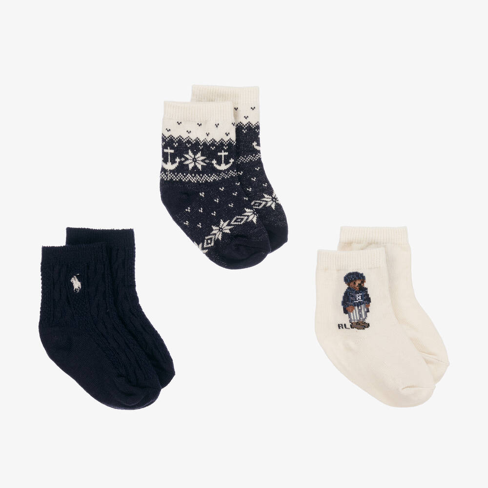 Ralph Lauren-Baby Boys Ivory & Blue Socks (3 Pack) | Childrensalon Outlet