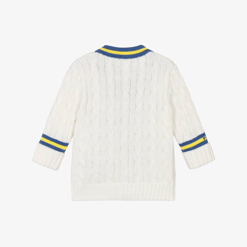 Ralph Lauren-Baby Boys Ivory Cotton Cable Knit Cardigan with Blue Trim | Childrensalon Outlet