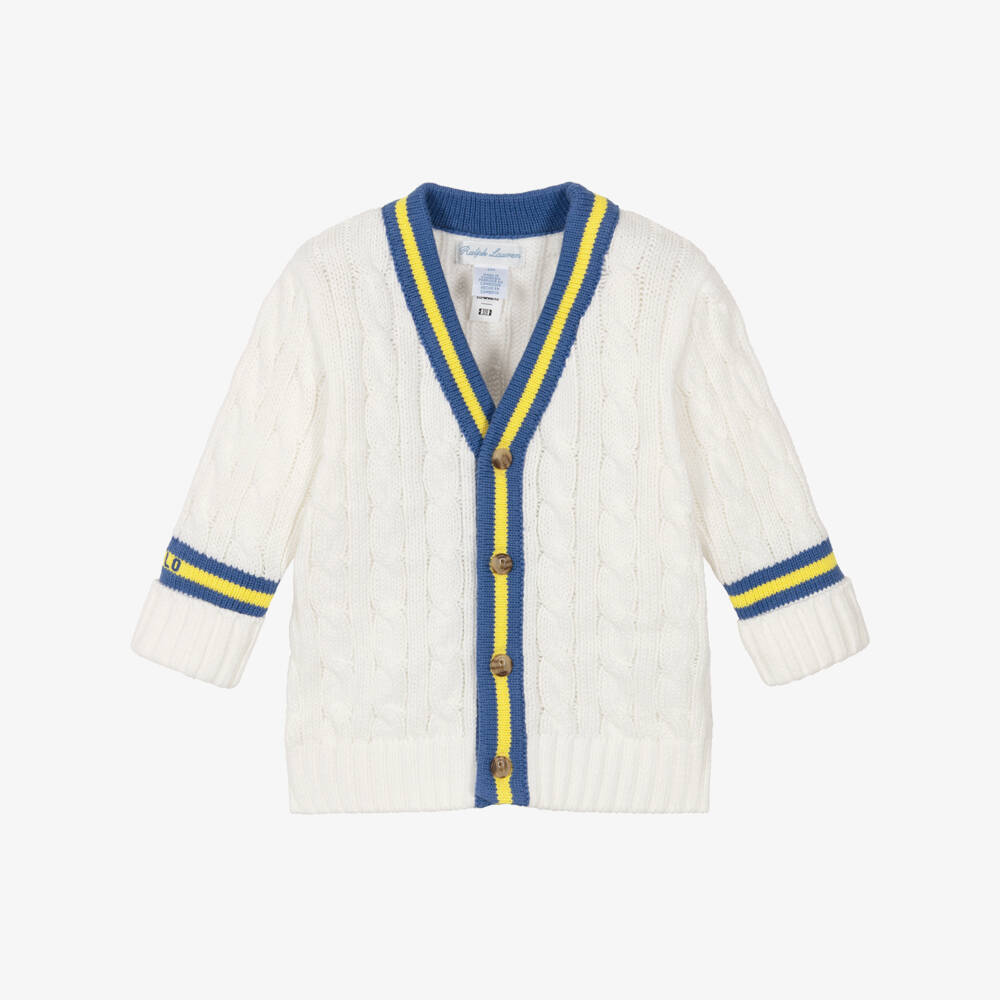 Ralph Lauren-Baby Boys Ivory Cotton Cable Knit Cardigan with Blue Trim | Childrensalon Outlet
