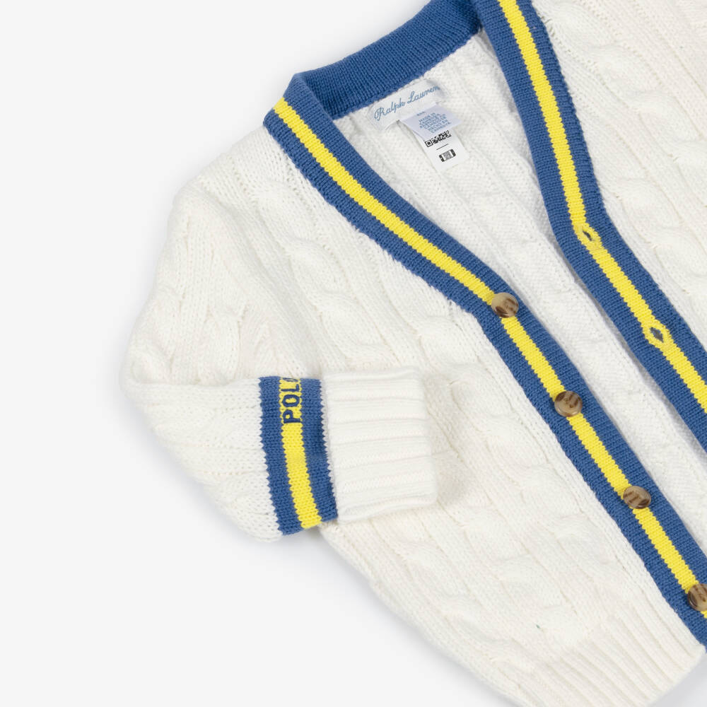 Ralph Lauren-Baby Boys Ivory Cotton Cable Knit Cardigan with Blue Trim | Childrensalon Outlet