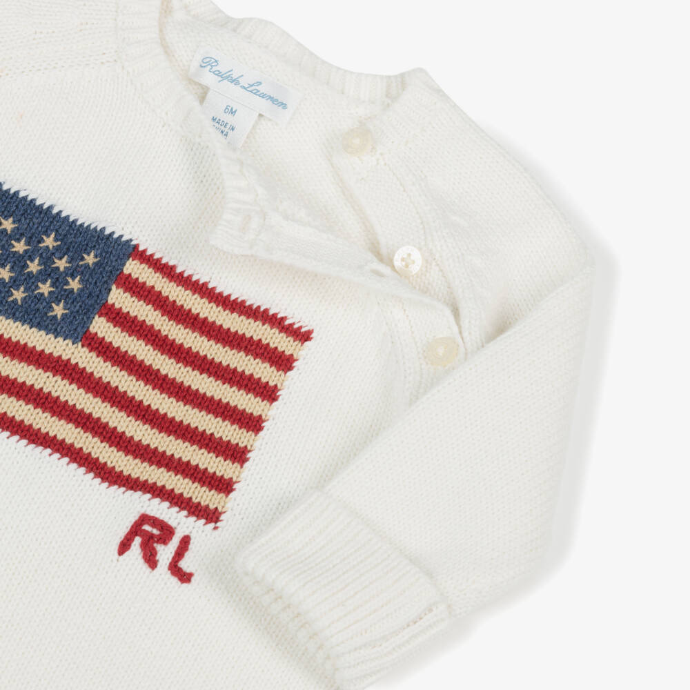 Ralph Lauren-Baby Boys Ivory Knitted USA Flag Babysuit | Childrensalon Outlet