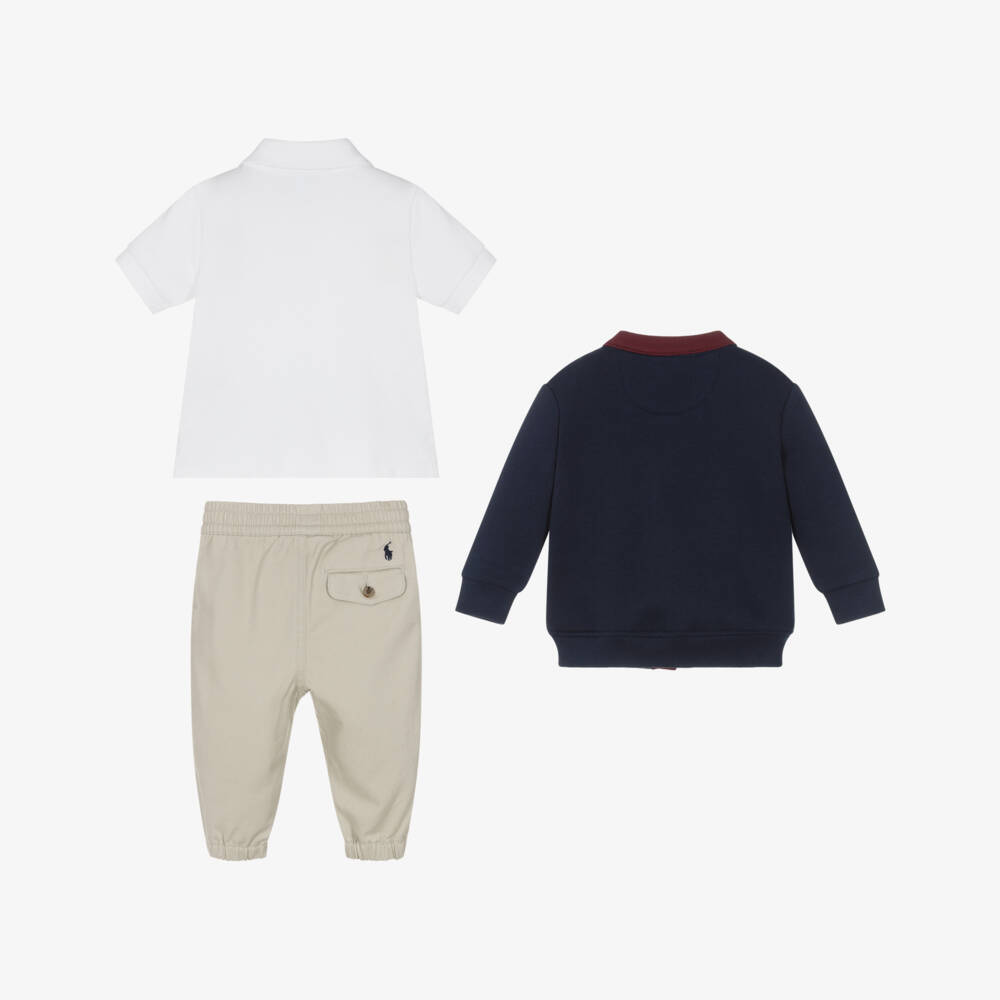 Ralph Lauren-Baby Boys Navy Blue Cardigan & Beige Trousers Set | Childrensalon Outlet
