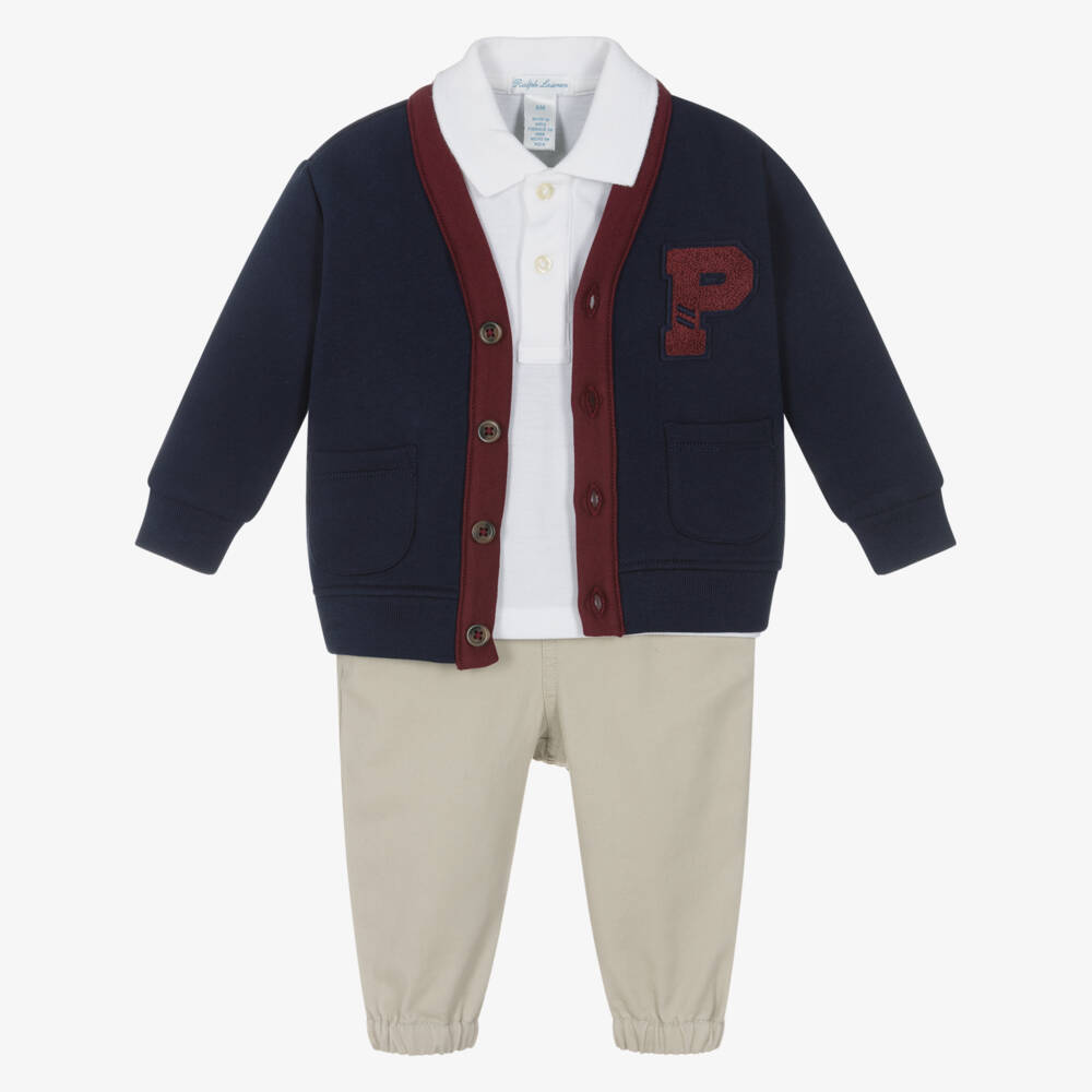 Ralph Lauren-Baby Boys Navy Blue Cardigan & Beige Trousers Set | Childrensalon Outlet