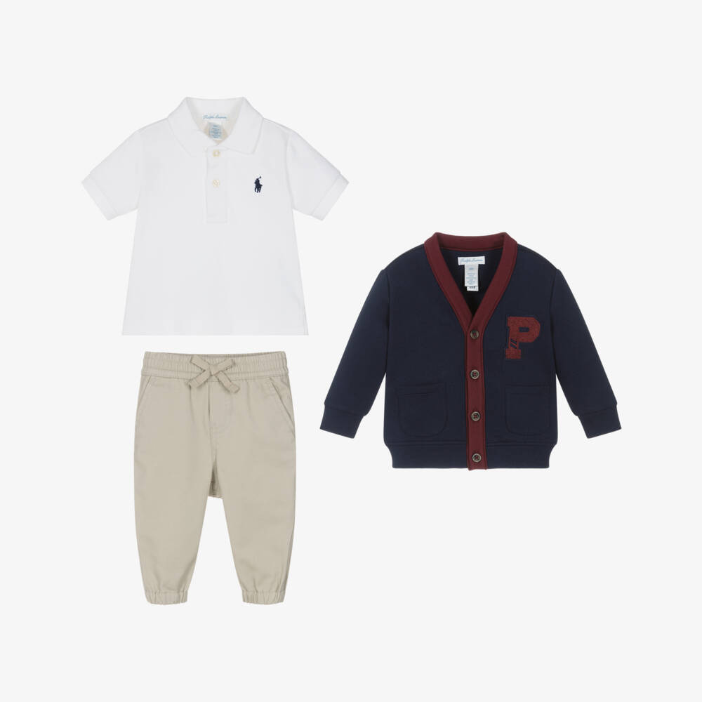 Ralph Lauren-Baby Boys Navy Blue Cardigan & Beige Trousers Set | Childrensalon Outlet