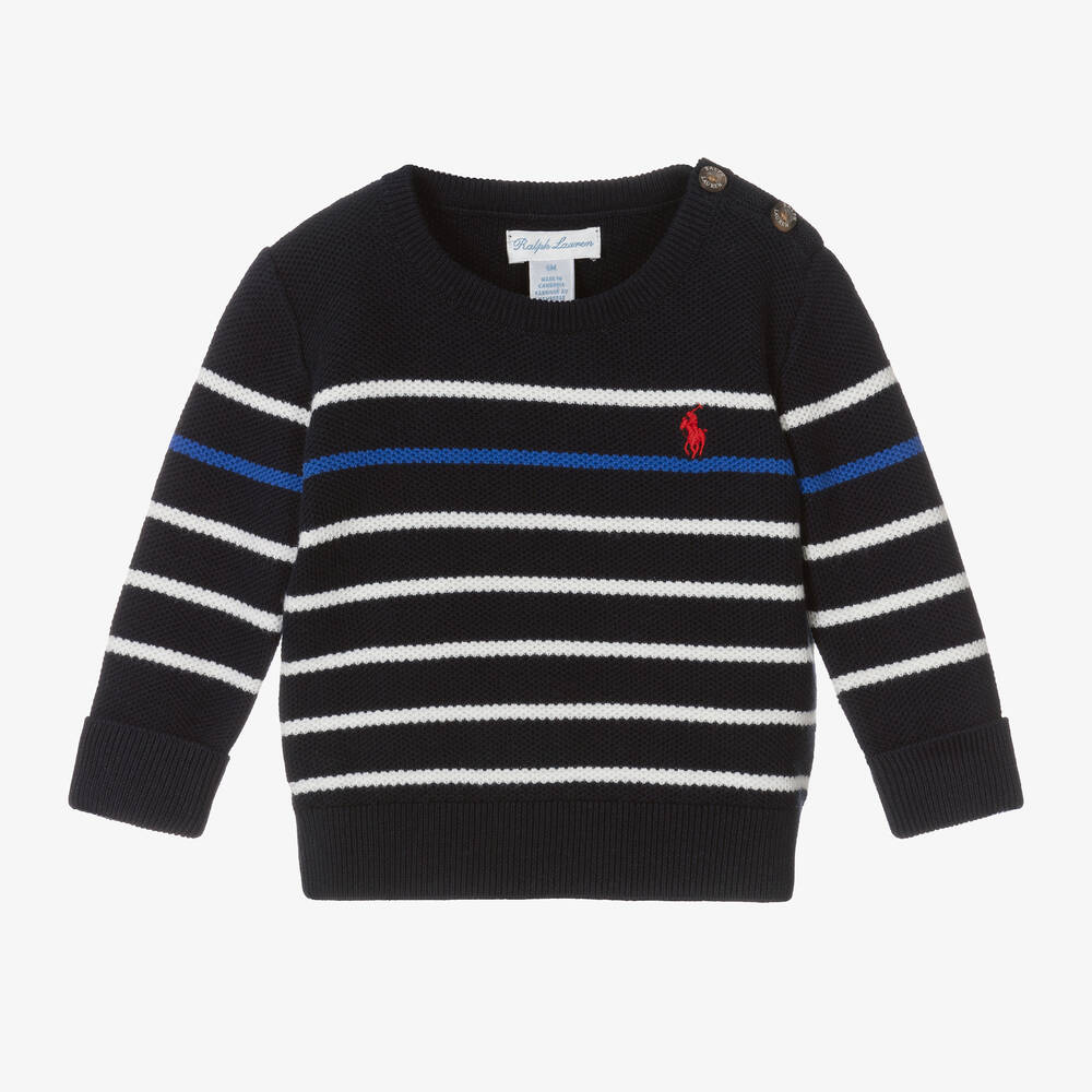 Ralph Lauren Pull bleu marine en coton bebe Childrensalon Outlet