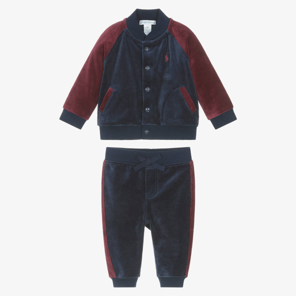 Ralph Lauren-Baby Boys Navy Blue Cotton Velour Tracksuit with Burgundy Trim | Childrensalon Outlet