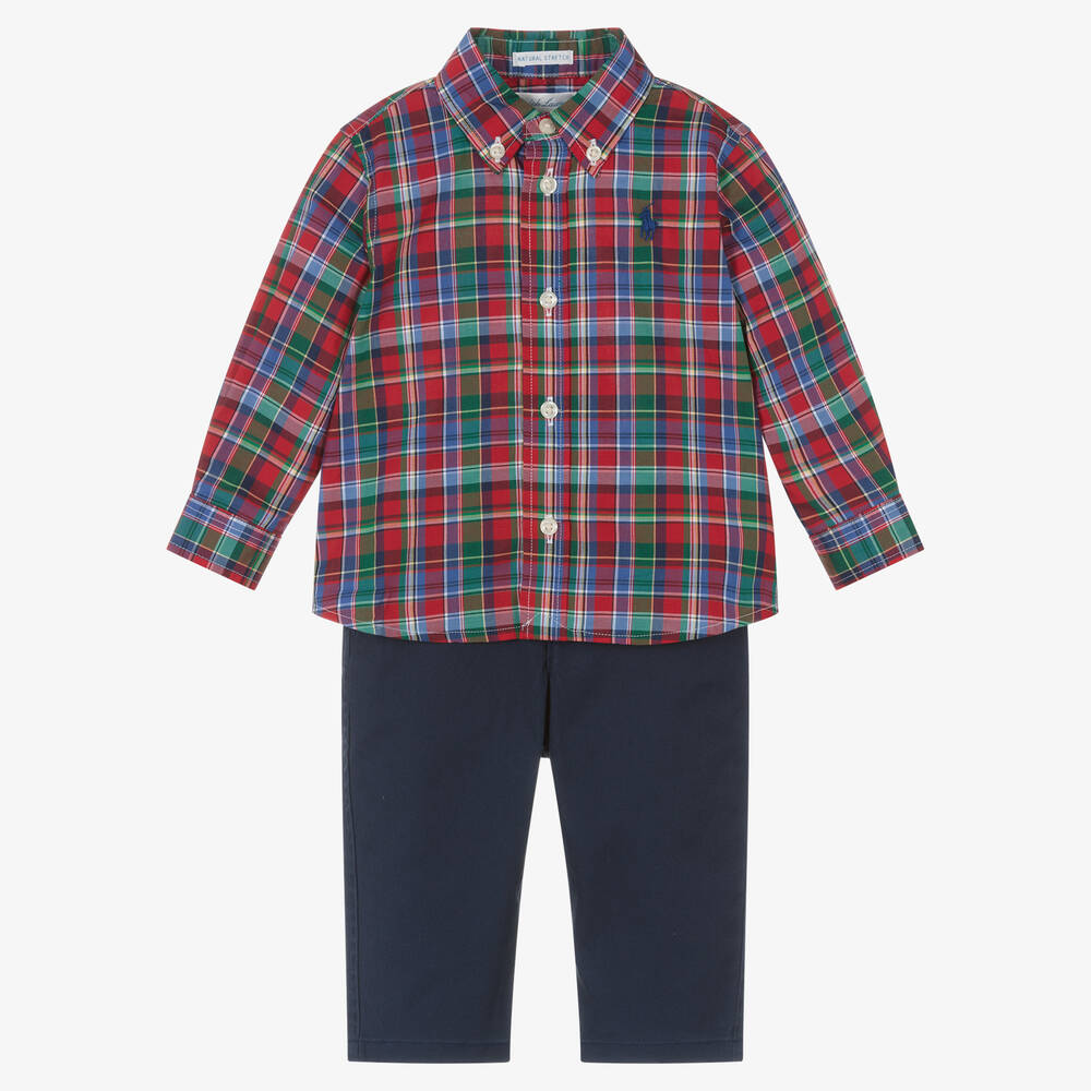 Ralph Lauren - Красно-синяя рубашка и синие штанишки из хлопка | Childrensalon