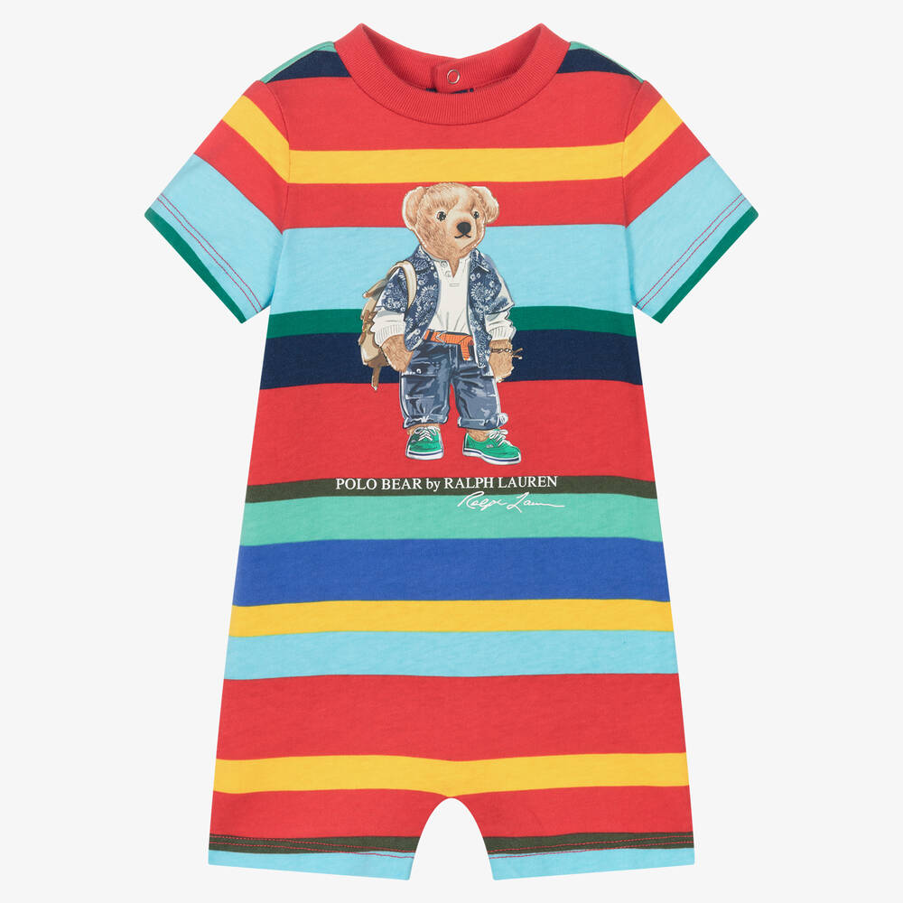 Ralph Lauren - Красный хлопковый песочник в полоску с медвежонком  | Childrensalon