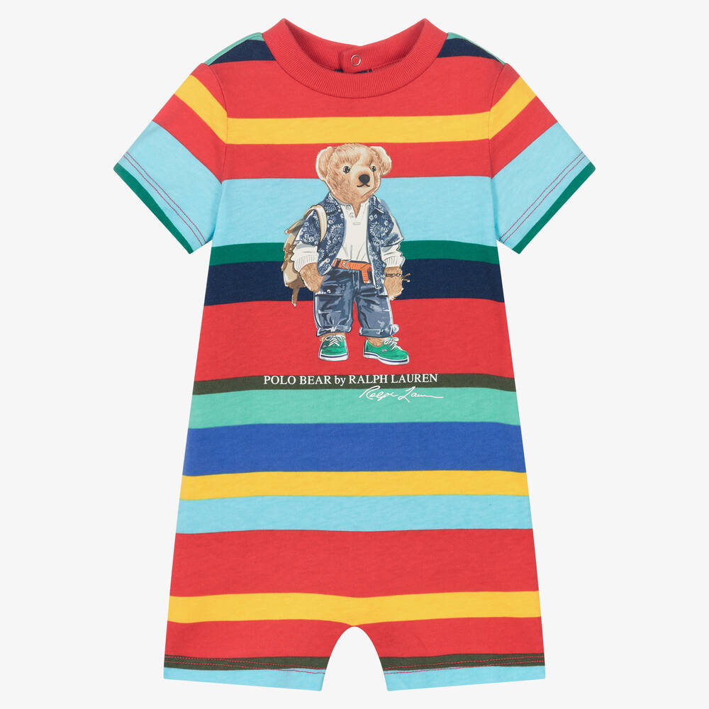 Ralph Lauren - Barboteuse rouge rayée Polo Bear  | Childrensalon