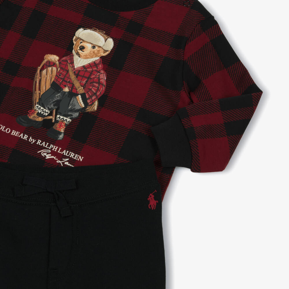 Ralph Lauren-Baby Boys Red Tartan Trouser Set with Sledging Polo Bear | Childrensalon Outlet