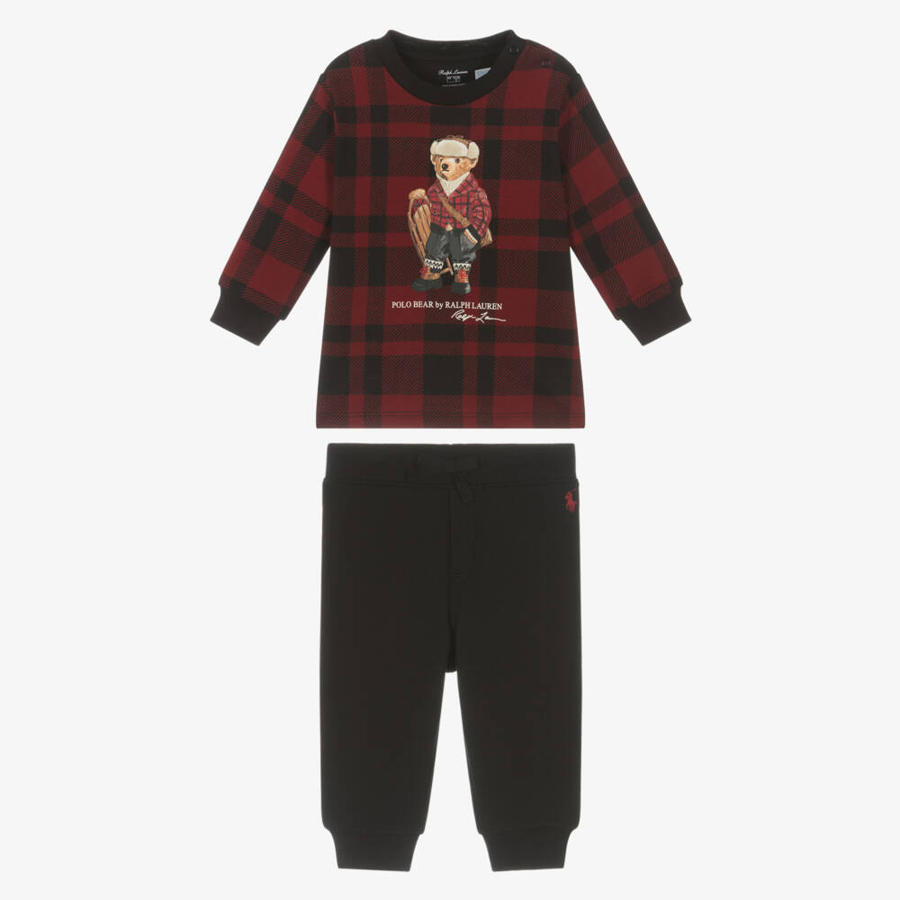 Ralph Lauren-Baby Boys Red Tartan Trouser Set with Sledging Polo Bear | Childrensalon Outlet