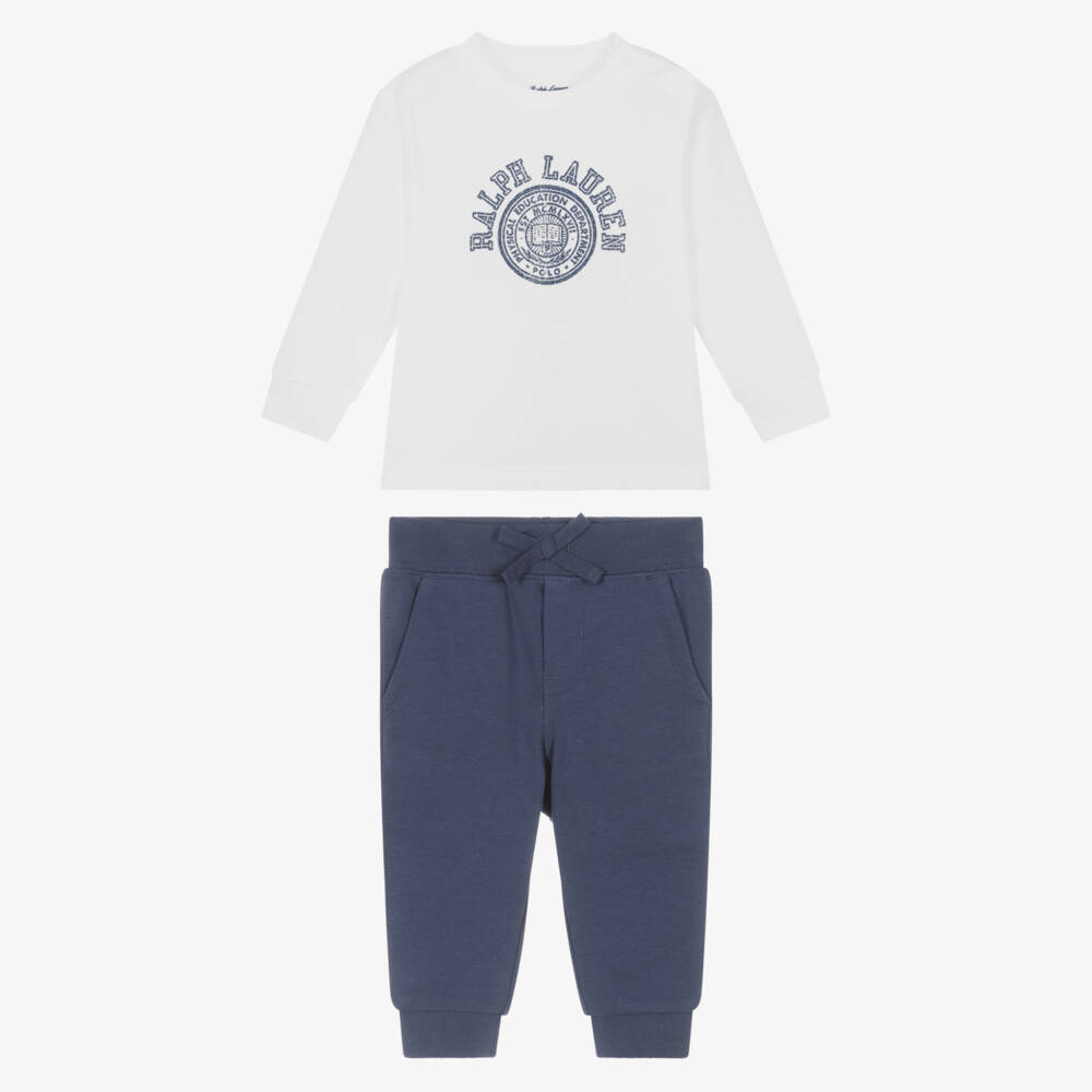 Ralph Lauren-Baby Boys White Cotton Varsity Logo Trouser Set | Childrensalon Outlet