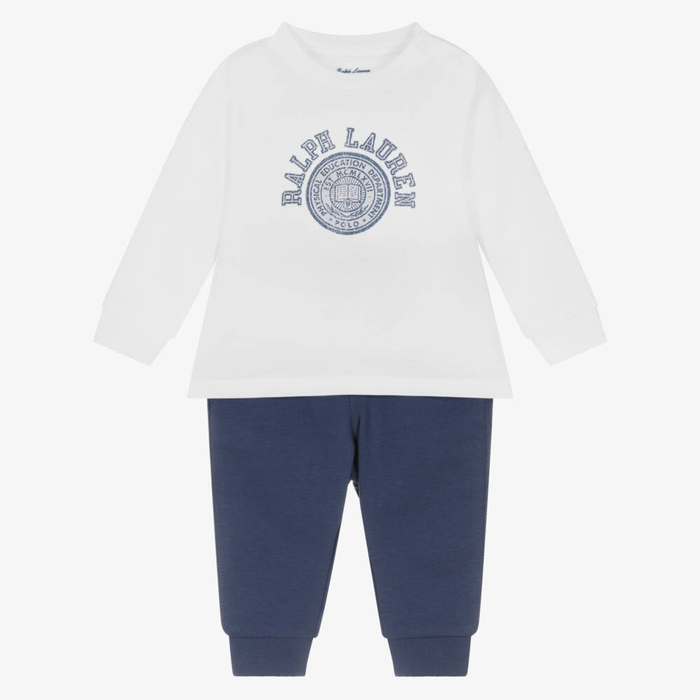 Ralph Lauren-Baby Boys White Cotton Varsity Logo Trouser Set | Childrensalon Outlet